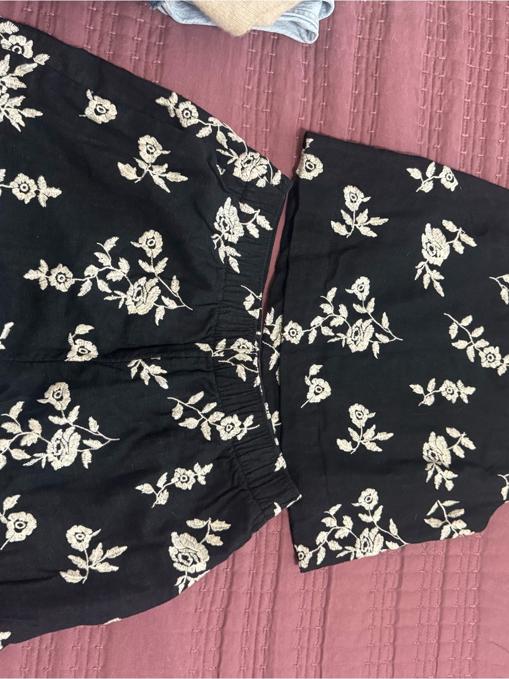 Abercrombie & Fitch Black Shorts with Cream Floral Embroidery
